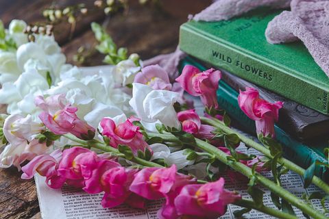 Snapdragons and Vintage Books Arrangement