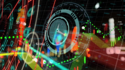 Futuristic Financial Data Analysis with Digital Clock Overlay