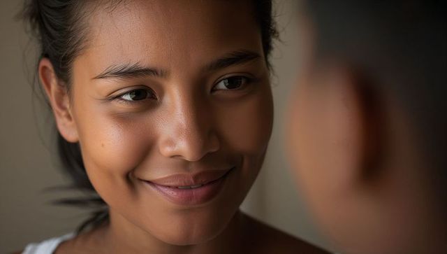 Smiling woman closeup with dimples and soft warm lighting, intimate gaze toward partner