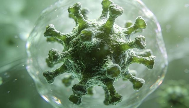 Displaying green virus particle with knobbed spikes enclosed in translucent membrane
