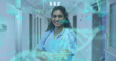 Future Healthcare: Smiling Doctor with Digital Data Overlay