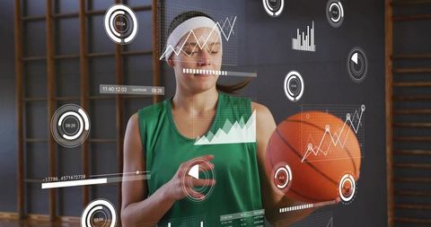 Female basketball player holding ball with augmented reality analytics overlays in gym