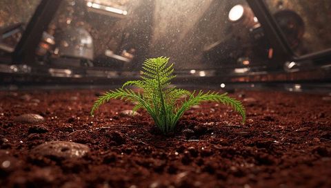 Young fern seedling growing in sterile research chamber on red soil under warm light