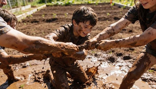 Children playing muddy tug-of-war in garden beds laughing, splashing, getting dirty