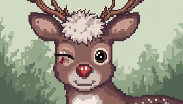 Winking pixel-art reindeer portrait with shiny red nose, antlers and cute forest backdrop