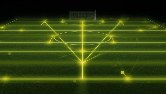 Neon holographic football pitch showing glowing gridlines, triangular depth and futuristic goal
