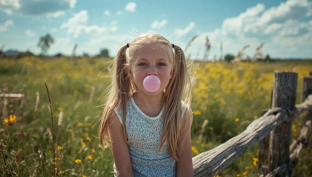 Blonde girl blowing bubble in flowered meadow