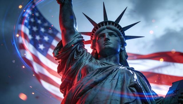 Statue of liberty with american flag and cinematic red-blue light trails