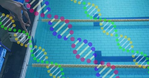 Swimmer reaching into pool with dna overlay symbolizing innovation