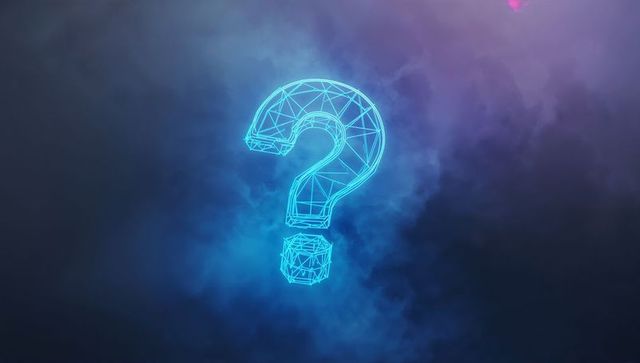 Glowing Neon-Blue Wireframe Question Mark Hovering in Dark Digital Void with Detached Cube