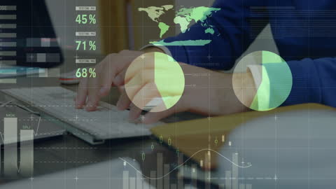 Business Analyst Processing Data on Laptop with Global Charts