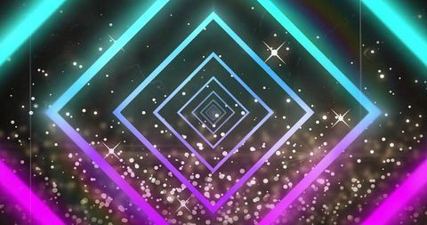 Glowing concentric neon diamonds receding into abstract digital tunnel, bokeh particles