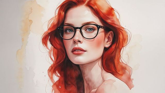 Elegant Watercolor Portrait of Red-Haired Woman Wearing Glasses