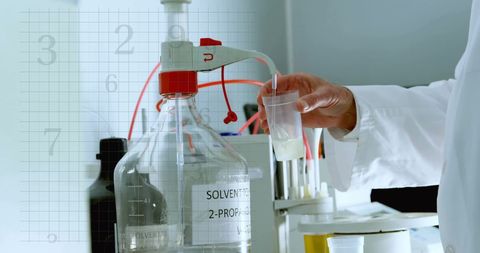 Caucasian scientist conducting laboratory research with molecular infographics