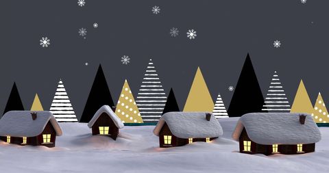 Snowy Winter Night with Illuminated Cabins and Falling Snowflakes