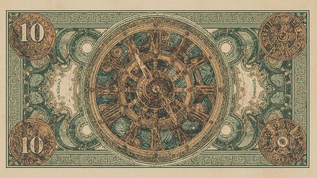 Vintage ten-unit currency with central gear and greek key design