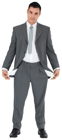 Transparent businessman showing empty pants pockets in gray suit
