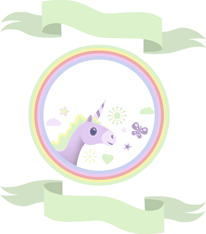 Colorful Unicorn in Rainbow Circle with Ribbon Banners on Transparent Background