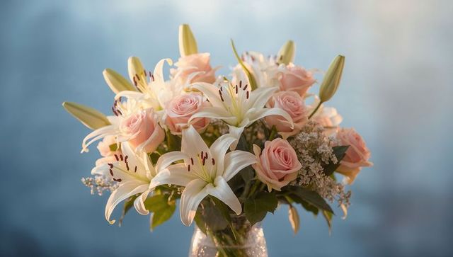 Soft Pale Pink Roses and White Lilies Resting in Glass Vase Romantic Floral Arrangement