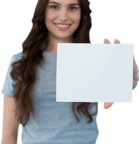 Smiling Woman Holding Blank Card with Copy Space Transparent Background