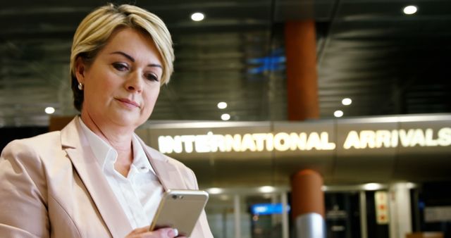 Businesswoman texting on smartphone in international arrivals area of airport. Scene depicts professional travel, communication, and use of modern technology for staying connected. Suitable for advertising travel services, business travel, airport services, and technology apps.