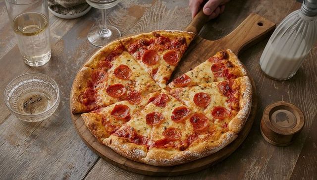 Hand lifting pepperoni pizza slice from rustic wooden board with glassware and milk
