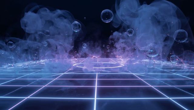 Neon Grid Horizon with Glowing Ring, Floating Bubbles and Cyberpunk Mist Atmosphere
