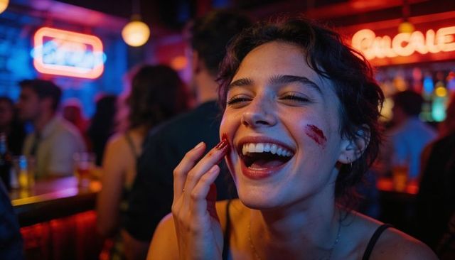 Laughing young woman touching cheek with smeared red lipstick in neon bar crowd at night