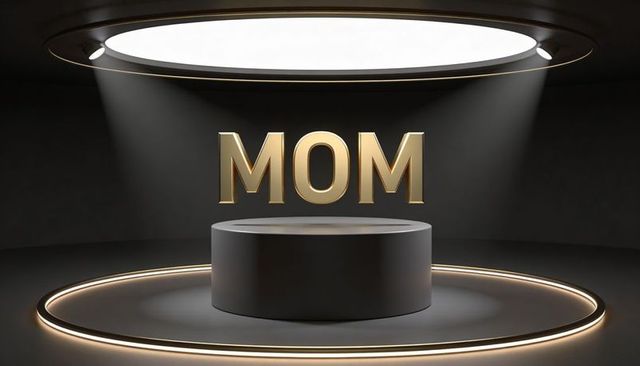 Gold MOM Letters Hovering Above Matte Pedestal Spotlighted on Futuristic Minimalist Stage