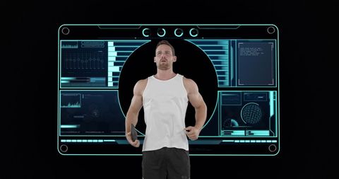 Athlete analyzing digital fitness data in virtual interface