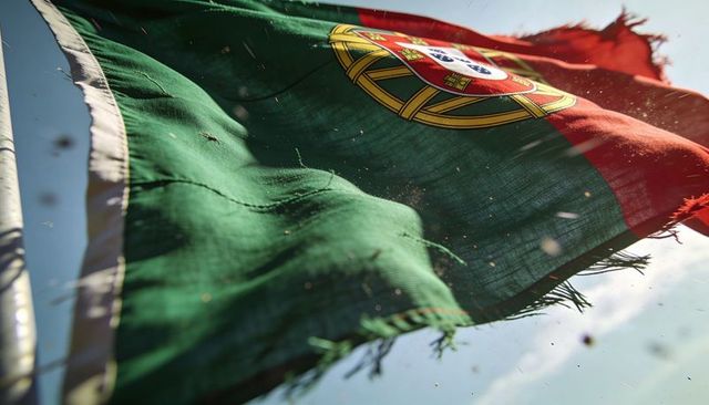 Sunlit billowing portuguese flag with frayed edges, stitching and detailed coat of arms
