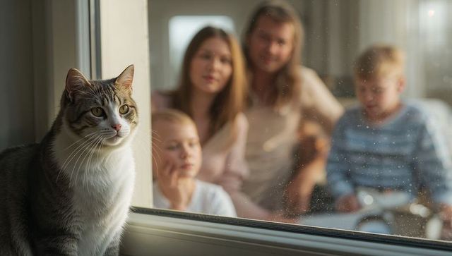 Tabby-and-white cat sitting on windowsill watching family through dusty glass, cozy living room mome