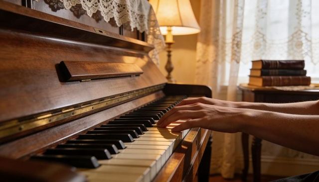 Hands playing vintage upright piano in cozy lamplight parlor, intimate home music moment