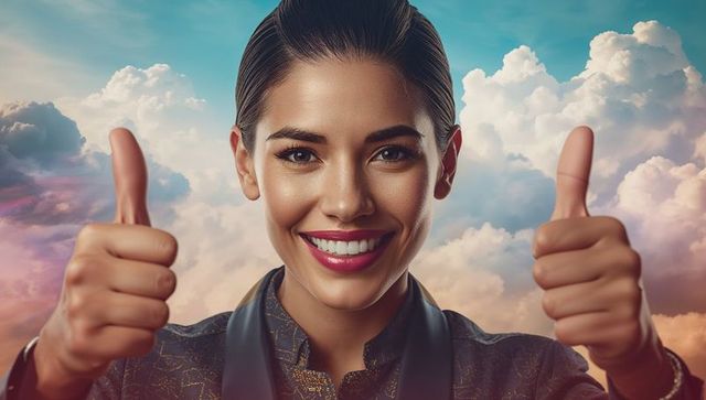 Joyful Woman Giving Thumbs-Up Amid Vivid Sky