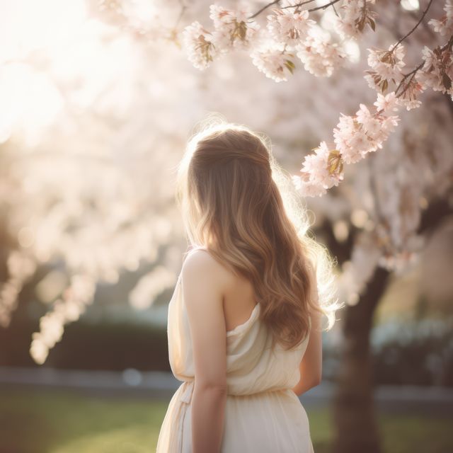 Blonde woman and cherry blossoms on sunny day, created using generative ai technology. Cherry blossom, beauty in nature and spring concept digitally generated image.