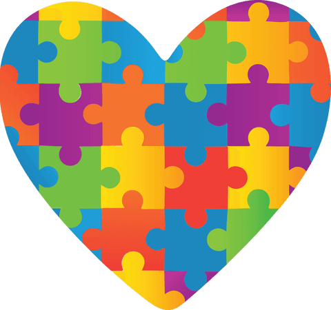 This vector graphic features a vibrant heart shape composed of multicolored puzzle pieces on a transparent background. 