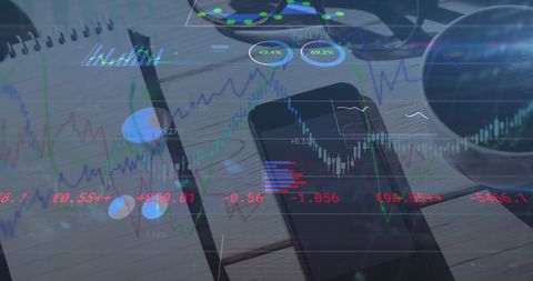 Financial Data Processing on Desk with Digital Overlay