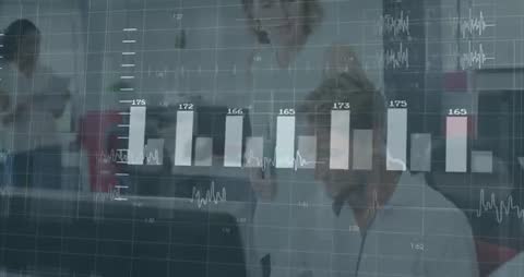 Collaborative Business Team with Data Overlay in Modern Office