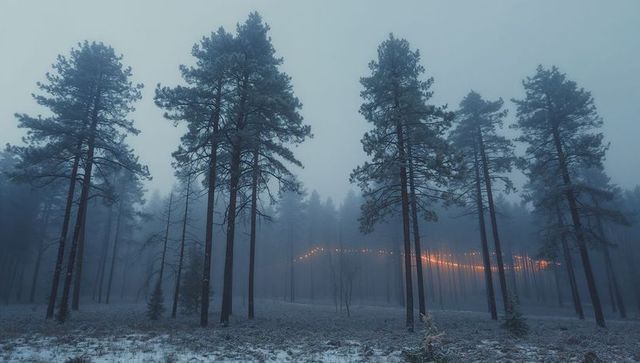 Glowing orange string lights curving through foggy pine forest at frosty dusk misty twilight