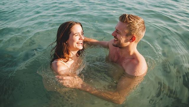 Sunlit couple laughing and embracing in warm green sea, romantic summer swim