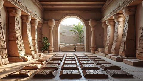 Ancient temple interior with hieroglyphic tablets and columns