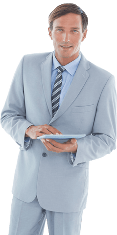 Transparent Businessman Using Tablet in Light Gray Suit Smiling - Download Free Stock Videos Pikwizard.com