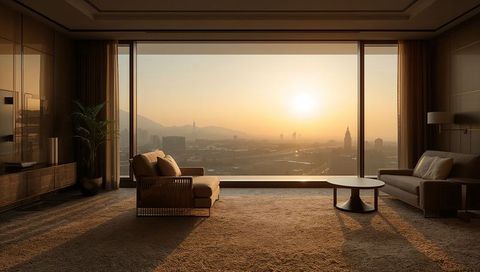Luxury living room basking in warm sunrise light with panoramic city skyline view