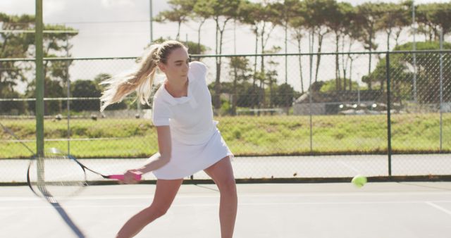 Image of midsection of caucasian female tennis player holding racket and training with friend. professional tennis training, sport and competition concept.