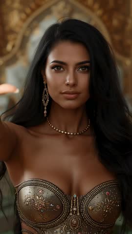 Regal Woman Extending Arm Toward Camera Wearing Ornate Gold Bustier in Opulent Palace