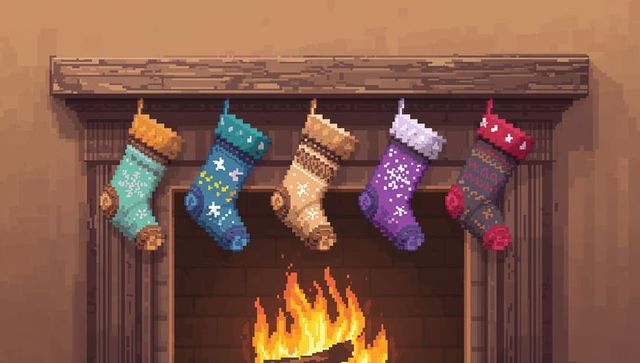 Cozy pixel art christmas stockings hanging over retro wooden mantel with burning fire