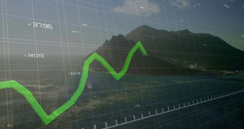 Green financial growth chart overlaying coastal landscape with mountain silhouette