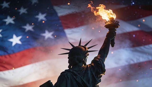 Statue of liberty torch silhouette against dramatic stars and stripes flame backdrop