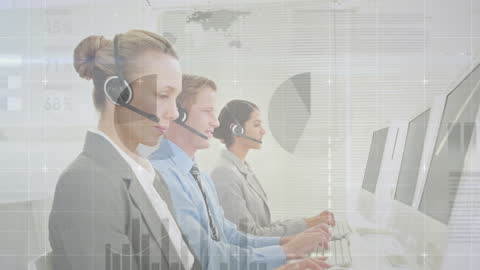 Business Team Analyzing Data with Headsets in High-Tech Office