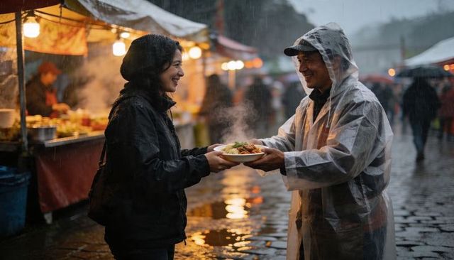 Vendor and buyer sharing steaming street food under rainy market lights and reflections